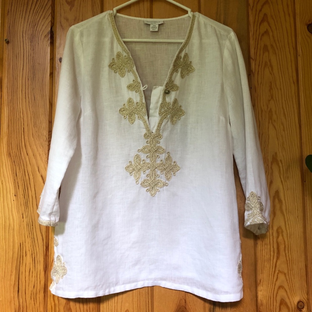 White linen tunic blouse golden embroidery